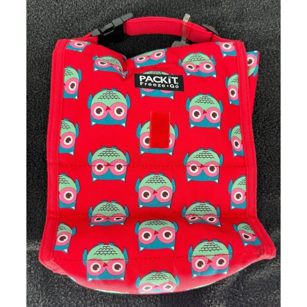 PackIt Freezable Lunch Bag With Fun Owl Print Red Color Insulated & Foldable Des